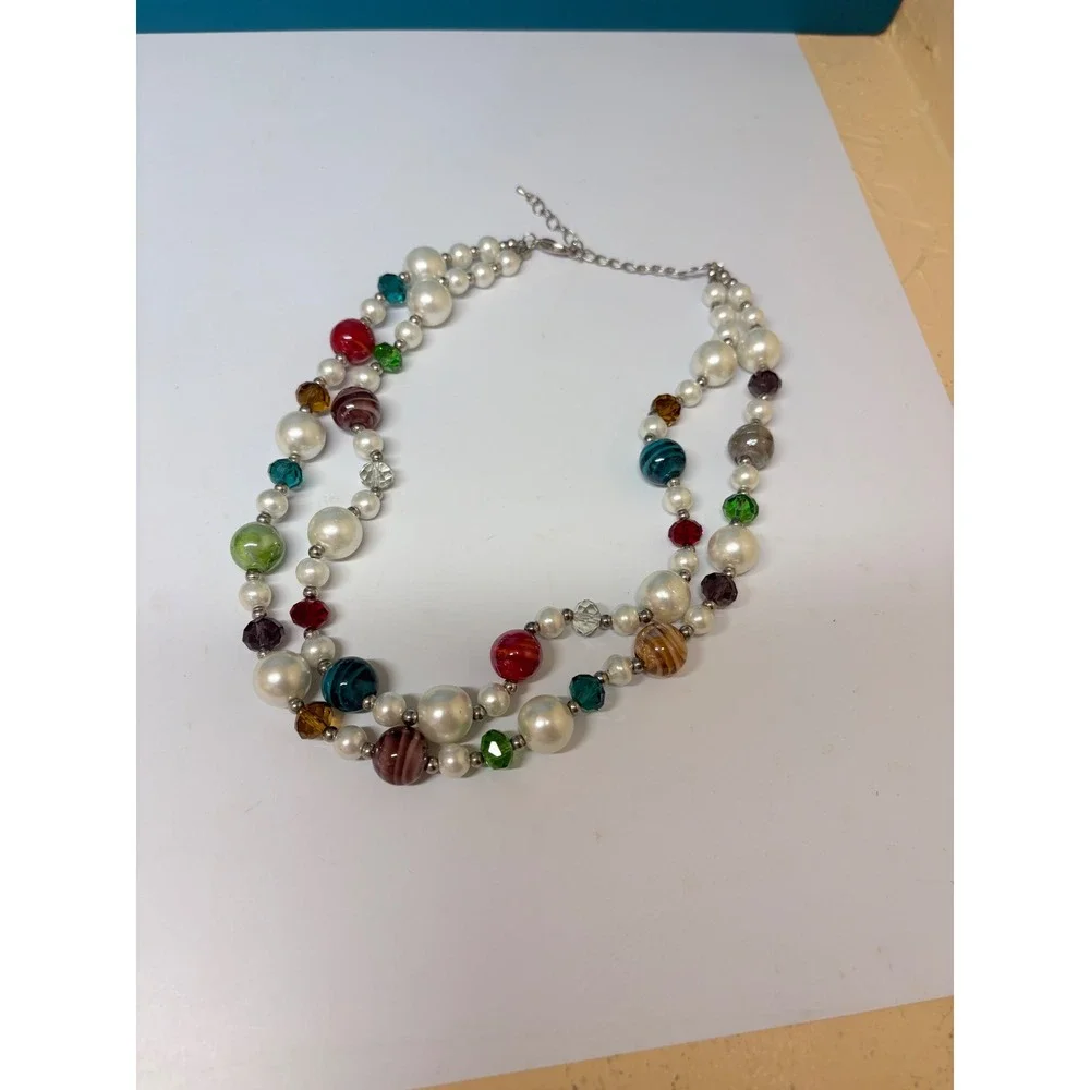 Multicolor Double Strand Beaded Necklace Faux Pearl Art Glass Statement Silver